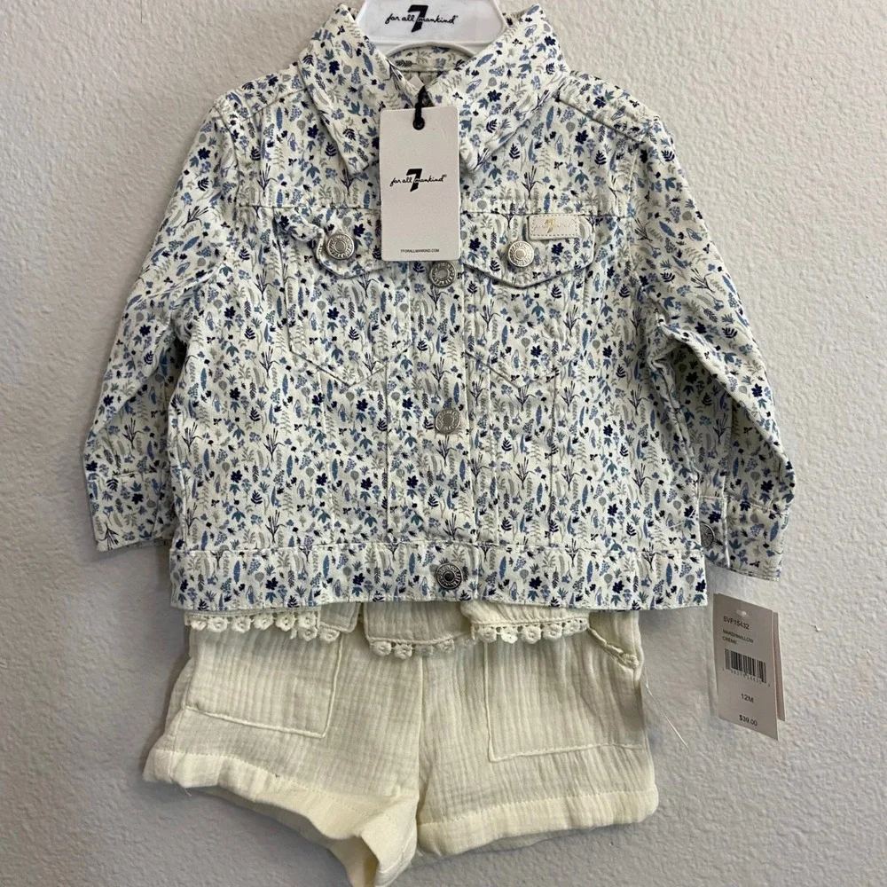 7 For All Mankind Baby Floral Jacket/Shirt/Shorts Set 12M Marshmallow Crème NEW